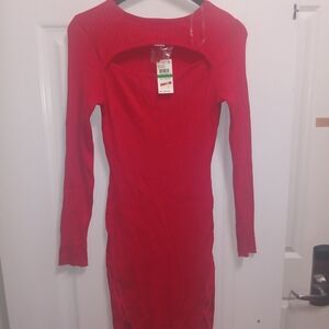 Planet Gold Red Ribbed Long Sleeve Cutout Bodycon Dress